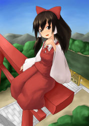 Rule 34 | 1girl, black hair, bow, detached sleeves, female focus, forest, full body, hair bow, hakurei reimu, japanese clothes, long hair, miko, nature, outdoors, plant, purple eyes, sky, solo, tetsuji, embodiment of scarlet devil, torii, touhou