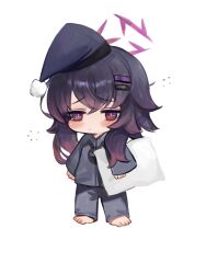 Rule 34 | 1girl, animal print, barefoot, black hair, blue archive, carrying, carrying under arm, chibi, closed mouth, commentary request, dokomon, full body, grey hat, grey pajamas, grey pants, grey shirt, halo, haruka (blue archive), hat, highres, holding, holding pillow, korean commentary, nightcap, pajamas, pants, pillow, print pajamas, print shirt, purple hair, rabbit print, red eyes, shirt, simple background, sleepwear, solo, standing, white background