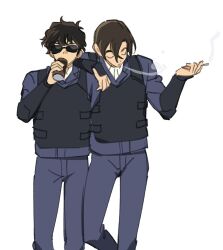 Rule 34 | 2boys, ascot, blue eyes, brown hair, bulletproof vest, cigarette, closed eyes, cowboy shot, hagiwara kenji, hair between eyes, holding, holding cigarette, male focus, matsuda jinpei, meitantei conan, multiple boys, police, police uniform, policeman, short hair, simple background, smile, smoke, sunglasses, white ascot, white background, wuliu heihuo