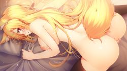 Rule 34 | 1girl, animal ears, artist request, ass, bed, bed sheet, bent over, blonde hair, blush, breasts, censored, character request, copyright request, game cg, large breasts, looking back, mosaic censoring, nipples, nude, pussy, red eyes, solo, tail, thighhighs