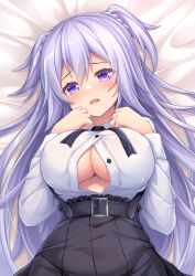 Rule 34 | 1girl, absurdres, black skirt, blush, breasts, button gap, cleavage cutout, clothing cutout, commentary, commission, covered erect nipples, gakusen toshi asterisk, highres, large breasts, long hair, long sleeves, looking at viewer, on bed, open mouth, oppai loli, pixiv commission, purple eyes, purple hair, shirt, skirt, solo, toudou kirin, underbust, wakagi repa, white shirt