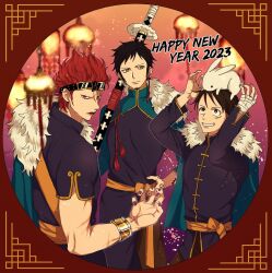 Rule 34 | 2023, 3boys, arms up, bandaged hand, bandages, black hair, chinese clothes, closed mouth, commentary request, earrings, eustass kid, facial hair, fur trim, goatee, goggles, goggles on head, grin, hand tattoo, hand up, happy new year, highres, holding, holding sheath, holding sword, holding weapon, jewelry, long sleeves, looking at viewer, male focus, monkey d. luffy, multiple boys, new year, one piece, pants, piratesebine, rabbit, red eyes, red hair, red nails, scar, scar on face, sheath, sheathed, short hair, smile, standing, sword, tangzhuang, tattoo, teeth, trafalgar law, weapon, yellow eyes
