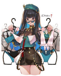 Rule 34 | 1girl, bare shoulders, beret, bikini, black hair, black shorts, blue hair, blush, bracelet, breasts, buttons, clothes hanger, colored inner hair, double-breasted, eyeliner, fate/grand order, fate (series), green hat, green jacket, grey eyes, hat, highres, jacket, jewelry, long hair, long sleeves, looking at viewer, makeup, medium breasts, multicolored hair, neck ring, o-ring, off shoulder, open mouth, round eyewear, shorts, sidelocks, solo, sunglasses, swimsuit, tenochtitlan (fate), tenochtitlan (second ascension) (fate), thighs, translation request, ura illust, wavy hair, zipper