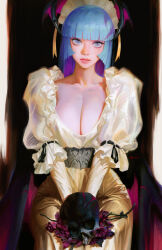 Rule 34 | 1girl, blue hair, blunt bangs, breasts, cleavage, colored inner hair, etama quomo, expressionless, frills, grey eyes, large breasts, lips, long sleeves, looking at viewer, mole, mole under eye, multicolored hair, nose, nostrils, original, purple hair, skull, solo, v arms