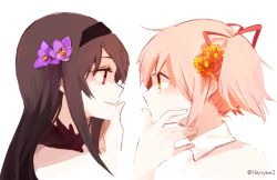 Rule 34 | 2girls, akemi homura, akuma homura, black hair, black hairband, close-up, cropped shoulders, crying, crying with eyes open, evil smile, eye contact, eyelashes, face-to-face, flower, flower request, from side, hair flower, hair ornament, hair ribbon, hairband, hand on another&#039;s chin, hand on another&#039;s mouth, hand up, hanyae, high collar, jitome, kaname madoka, light blush, light smile, long hair, looking at another, mahou shoujo madoka magica, mahou shoujo madoka magica: hangyaku no monogatari, multiple girls, no mouth, orange flower, parted lips, pink hair, profile, purple flower, red eyes, red ribbon, ribbon, shaded face, short twintails, sidelocks, simple background, smile, straight hair, tears, twintails, twitter username, ultimate madoka, upper body, white background, yellow eyes, yuri