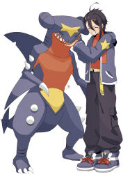 Rule 34 | 1boy, ^ ^, ahoge, artist name, belt, black hair, black pants, blue footwear, blue jacket, blush, claws, closed eyes, collarbone, creatures (company), cross-laced footwear, dragon, earrings, full body, game freak, garchomp, gen 4 pokemon, grin, hair between eyes, hair ornament, hands on another&#039;s face, hands up, happy, highres, hood, hood down, hooded jacket, jacket, jewelry, long sleeves, male focus, multiple earrings, nintendo, open clothes, open jacket, open mouth, pants, personification, pocket, pokemon, pokemon (creature), red shirt, risui ao, sharp teeth, shirt, shirt tucked in, shoes, short hair, sidelocks, signature, simple background, smile, sneakers, spikes, standing, star (symbol), teeth, v-shaped eyebrows, white background, x hair ornament