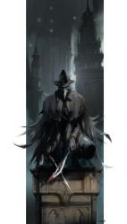 Rule 34 | 1girl, black hat, blade of mercy, bloodborne, boots, building, city, cloak, coat, eileen the crow, feather-trimmed coat, hat, highres, holding, holding weapon, long coat, mask, miso katsu, outdoors, outside border, pants, pillarboxed, plague doctor mask, solo, standing, sword, weapon