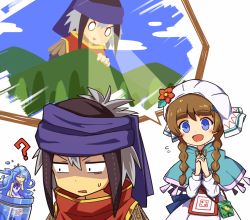 Rule 34 | &gt;:d, 10s, 1boy, 2girls, :d, ?, blue eyes, blush, braid, brown hair, capelet, character request, flower, grey hair, hair flower, hair ornament, hero (merc storia), maguro (mawaru sushi), merc (merc storia), merc storia, mini person, minigirl, monster girl, multiple girls, o o, open mouth, own hands clasped, own hands together, shaded face, slime girl, smile, twin braids, v-shaped eyebrows, white background
