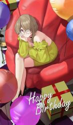 Rule 34 | 1girl, absurdres, arm rest, arm support, armchair, balloon, box, chair, crossed legs, detached sleeves, dress, gift, gift box, glasses, haerge, hair over one eye, hand on own cheek, hand on own face, happy birthday, highres, honkai (series), honkai impact 3rd, leaning forward, long hair, red eyes, rita rossweisse, short hair, sitting, smile