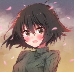 Rule 34 | 1girl, :d, ahoge, black hair, black sweater, blush, brown background, cherry blossoms, commentary, gradient background, hair between eyes, looking at viewer, nonaka haru, open mouth, petals, portrait, ribbed sweater, short hair, simple background, sk02, sketch, smile, solo, sweater, turtleneck, turtleneck sweater, yesterday wo utatte