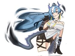 Rule 34 | 1girl, arknights, black shorts, blue eyes, blue hair, breasts, dragon tail, horns, large breasts, ling (arknights), pointy ears, short, shorts, tail, timtampicklewit