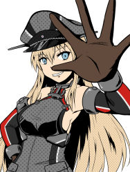 Rule 34 | 1girl, :d, bismarck (kancolle), blue eyes, breasts, brown gloves, detached sleeves, gloves, grin, hat, kantai collection, light brown hair, long hair, looking at viewer, open mouth, peaked cap, sideboob, simple background, smile, solo, white background, yukimi unagi