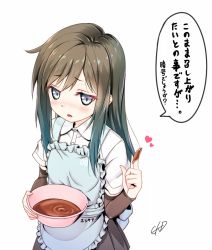 Rule 34 | 1girl, apron, arm warmers, asashio (kancolle), black hair, blue eyes, blush, bowl, chocolate, chocolate making, chocolate on hand, commentary, food on hand, gotou hisashi, holding, holding bowl, kantai collection, long hair, looking at viewer, nose blush, pink apron, pleated skirt, shirt, short sleeves, simple background, skirt, solo, translated, twitter username, upper body, valentine, white background, white shirt