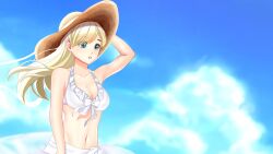 Rule 34 | 1girl, bikini, blonde hair, breasts, cloud, collarbone, day, hat, highres, long hair, medium breasts, memories of another life, my summer adventure, non-web source, outdoors, shihane kyoko, sky, solo, standing, summer, swimsuit, visual novel