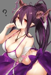 Rule 34 | 10s, 1girl, ?, bandages, bikini, black hair, blush, breast hold, breasts, cleavage, collarbone, danua, draph, female focus, granblue fantasy, grey background, horn ornament, horns, inayama, jewelry, large breasts, long hair, looking at viewer, open mouth, pendant, pointy ears, ponytail, red eyes, simple background, solo, suggestive fluid, swimsuit