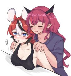 Rule 34 | 2girls, absurdres, animal ears, blue eyes, blush, hakos baelz, highres, hirasawa izumi, hololive, hololive english, horns, irys (hololive), long hair, mouse ears, multicolored hair, multiple girls, pointy ears, purple hair, red hair, simple background, streaked hair, virtual youtuber