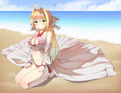 Rule 34 | 1girl, ahoge, bad id, bad pixiv id, bare shoulders, beach, bikini, blonde hair, bow, bracelet, breasts, clothing cutout, collarbone, day, fate/grand order, fate (series), green eyes, hair bow, hair intakes, halterneck, jewelry, kneeling, large breasts, long hair, looking at viewer, nero claudius (fate), nero claudius (fate) (all), nero claudius (swimsuit caster) (fate), nero claudius (swimsuit caster) (third ascension) (fate), shoulder cutout, side-tie bikini bottom, sitting, smile, solo, striped bikini, striped clothes, swimsuit, topu