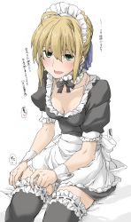 Rule 34 | 1girl, ahoge, alternate costume, apron, artoria pendragon (all), artoria pendragon (fate), black thighhighs, blonde hair, blush, bra strap, breasts, choker, elf (stroll in the woods), enmaided, fate/stay night, fate (series), green eyes, hair between eyes, highres, lace, lace-trimmed choker, lace-trimmed legwear, lace trim, maid, maid apron, maid headdress, official alternate costume, ribbon choker, saber (fate), small breasts, solo, thighhighs, thighs, translation request, white background