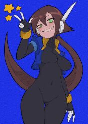 Rule 34 | 1girl, aile (mega man zx), bodysuit, breasts, buzzlyears, green eyes, grin, large breasts, mega man zx, mega man zx advent, ponytail, smile, solo