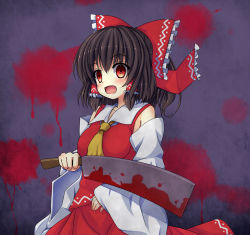 Rule 34 | 1girl, ascot, bad id, bad pixiv id, blood, blood splatter, bloody knife, blush, bow, brown hair, detached sleeves, empty eyes, female focus, hair bow, hair tubes, hakurei reimu, highres, japanese clothes, knife, miko, open mouth, red eyes, shefu, shirt, skirt, skirt set, smile, solo, touhou, yandere