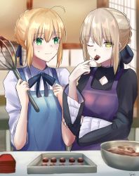 Rule 34 | 2girls, ahoge, apron, artoria pendragon (all), artoria pendragon (fate), blonde hair, braid, chocolate, cooking, dress, eating, eyebrows hidden by hair, fate/grand order, fate/stay night, fate (series), food, green eyes, hair between eyes, hair ribbon, highres, holding, holding chocolate, holding food, holding whisk, indoors, looking at viewer, multiple girls, one eye closed, ribbon, saber (fate), saber alter, shirt, sii artatm, table, upper body, whisk, yellow eyes