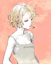 Rule 34 | 1girl, blonde hair, clothes writing, colored skin, covered erect nipples, gradient background, half-closed eyes, iwamoto zerogo, looking away, short hair, solo, tagme, white skin