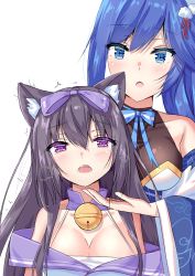 Rule 34 | 2girls, absurdres, animal ears, arashio (azur lane), azur lane, bell, black hair, blue eyes, blue hair, bow, breasts, cat ears, cleavage, commentary request, detached collar, detached sleeves, eyes visible through hair, fox ears, hair bow, hair ornament, hair ribbon, highres, japanese clothes, jintsuu (azur lane), large breasts, long hair, multiple girls, natie, open mouth, ponytail, purple eyes, ribbon, sidelocks, simple background, twitching, white background, wide sleeves
