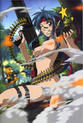 Rule 34 | 1girl, ahoge, ankle boots, blue hair, bonta-kun, boots, breasts, brown eyes, censored, chidori kaname, collarbone, convenient censoring, eyebrows, facial mark, fingernails, forest, full metal panic!, grin, groin, gun, hands up, headband, holding, holding weapon, legs apart, long hair, looking at viewer, nature, navel, nipples, nude, nude filter, one eye closed, outdoors, pubic hair, pussy, rifle, sidelocks, small breasts, smile, solo focus, standing, standing on one leg, teeth, third-party edit, uncensored, weapon