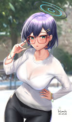 Rule 34 | 1girl, absurdres, artist name, blue archive, blurry, blurry background, blush, bra, bra visible through clothes, bracelet, breasts, casual, chihiro (blue archive), collarbone, dated, day, denim, earrings, eyes visible through hair, glasses, green eyes, hair ornament, hairclip, halo, hand on own hip, hand up, highres, jeans, jewelry, kimchi (user mpzz8457), light particles, long sleeves, looking at viewer, medium breasts, nail polish, pants, parted lips, purple hair, see-through, see-through shirt, shirt, short hair, solo, standing, thigh gap, thighs, tight clothes, tight pants, tight shirt, underwear, white shirt
