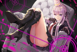 Rule 34 | 1girl, armchair, ass, black background, black footwear, black gloves, black jacket, black ribbon, boots, braid, chair, collared shirt, cup on head, cup ramen, danganronpa: trigger happy havoc, danganronpa (series), duzie e, food, food on head, gloves, gradient background, high heel boots, high heels, jacket, kirigiri kyoko, knee boots, long sleeves, looking at viewer, miniskirt, necktie, object on head, open clothes, open jacket, open mouth, panties, pink eyes, pink hair, pleated skirt, red necktie, ribbon, shirt, side braid, single braid, sitting, skirt, smile, underwear, white panties, white shirt