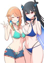 Rule 34 | 2girls, absurdres, asymmetrical docking, bikini, bikini under shorts, black choker, black hair, blue bikini, blue hair, braid, breast press, breasts, choker, closed mouth, collarbone, colored inner hair, commentary, day, demon girl, demon horns, english commentary, frokiya, green bikini, green choker, grin, hairband, hand on another&#039;s hip, hand up, highres, hololive, hololive english, horns, large breasts, long hair, looking at viewer, mole, mole on thigh, mole under eye, multicolored bikini, multicolored clothes, multicolored hair, multiple girls, navel, nerissa ravencroft, one eye closed, open fly, orange hair, outdoors, pink eyes, red eyes, short shorts, shorts, simple background, smile, stomach, swimsuit, takanashi kiara, transparent background, twin braids, two-tone hair, very long hair, virtual youtuber, w, white hairband
