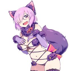 Rule 34 | 1girl, :d, animal ears, blush, breasts, chan co, cleavage, cowboy shot, elbow gloves, fang, fate/grand order, fate (series), fur trim, glasses, gloves, hair over one eye, halloween costume, large breasts, looking at viewer, mash kyrielight, mash kyrielight (dangerous beast), navel, official alternate costume, one eye covered, open mouth, purple eyes, purple hair, shiny skin, short hair, simple background, smile, solo, tail, thighhighs, white background, wolf ears, wolf tail