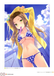 Rule 34 | 1girl, absurdres, arms up, bikini, blue bikini, breasts, brown hair, cameltoe, cardigan, cleavage, cloud, cloudy sky, collarbone, cowboy shot, day, dutch angle, girlish number, green eyes, green ribbon, groin, hair ribbon, highres, katakura koto, large breasts, long hair, looking at viewer, mouth hold, navel, open cardigan, open clothes, outdoors, page number, polka dot, polka dot bikini, ribbon, side-tie bikini bottom, sideboob, sky, smile, solo, sweater, swimsuit, underboob, unzipped, yellow sweater