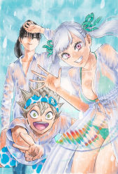 Rule 34 | 1girl, 2boys, asta (black clover), bikini, black clover, black hair, breasts, cleavage, green eyes, highres, large breasts, looking at viewer, multiple boys, nacht faust, noelle silva, official art, purple eyes, silver hair, smile, swimsuit, twintails