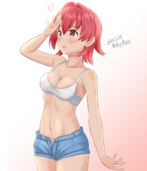 Rule 34 | 1girl, ame-san, blue shorts, bra, brown eyes, casual, commentary request, cowboy shot, dated, gradient background, highres, kantai collection, kinu (kancolle), looking to the side, navel, open fly, red background, red hair, short hair, shorts, solo, twintails, underwear, white background, white bra