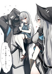 Rule 34 | arknights, child, cloak, colorized, doctor (arknights), father and daughter, hat, highres, hood, hooded cloak, if they mated, japanese text, kokihanada, mother and daughter, skadi (arknights), speech bubble, white hair