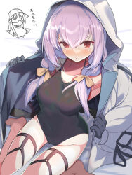 Rule 34 | 1girl, absurdres, atsuko (blue archive), black gloves, black one-piece swimsuit, blue archive, breasts, covered erect nipples, gloves, halo, highres, hood, hoodie, jacket, kawa mura, looking at viewer, medium breasts, one-piece swimsuit, purple hair, red eyes, school swimsuit, sitting, solo, swimsuit, thighs, wariza, white hoodie, white jacket