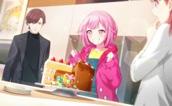 Rule 34 | 1boy, 2girls, black jacket, black sweater, blue overalls, brother and sister, brown hair, cake, candy, chocolate cake, clenched hands, colorful palette, disgust, food, grin, highres, himitsu no valentine daisakusen! (project sekai), jacket, multiple girls, official art, ootori emu, ootori hinata, ootori shousuke, open mouth, overalls, pink eyes, pink hair, pink jacket, pinstripe pattern, plate, project sekai, shirt, short hair, siblings, sisters, smile, sparkle, strawberry shortcake, striped, sweater, taiyaki, w arms, wagashi, yellow shirt