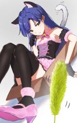 Rule 34 | 1girl, animal ears, ankle cuffs, arm scrunchie, bare shoulders, black gloves, black thighhighs, blue hair, blush, box, brown eyes, cat ears, cat tail, cat teaser, closed mouth, dress, dutch angle, fake animal ears, fake tail, fingerless gloves, flat chest, fur-trimmed dress, fur trim, gloves, grey background, hand up, high heels, highres, idolmaster, idolmaster (classic), idolmaster million live!, idolmaster million live! theater days, in box, in container, kisaragi chihaya, knees up, long hair, looking at viewer, lying, miyagi, motion lines, neck ribbon, on back, pink footwear, pink ribbon, ribbon, shadow, simple background, solo, strapless, strapless dress, tail, thighhighs, two-tone dress, two-tone scrunchie, zettai ryouiki