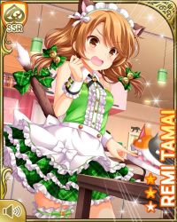 Rule 34 | 1girl, animal ears, bell, bow, brown eyes, brown hair, card (medium), cat ears, cat tail, day, dress, fake animal ears, fake tail, fright, girlfriend (kari), green bow, green dress, green thighhighs, hair bell, hair ornament, indoors, looking at viewer, low twintails, official art, open mouth, qp:flapper, solo, table, tagme, tail, tamai remi, tanabata, thighhighs, twintails, white headdress