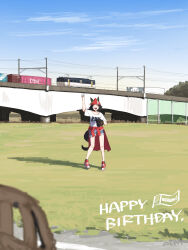 Rule 34 | 1girl, 4me 4ma, absurdres, animal ears, arm up, ball, bandaid, bandaid on face, baseball, baseball glove, beanie, black hair, blue shorts, character name, closed eyes, clothes around waist, day, ears through headwear, facing viewer, happy birthday, hat, highres, holding, holding ball, horse ears, horse girl, horse tail, outdoors, red footwear, shadow, shirt, shoes, short hair, shorts, signature, sneakers, solo, standing, tail, train, umamusume, white shirt, winning ticket (umamusume)