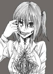 Rule 34 | 1girl, absurdres, bad id, bad pixiv id, chest mouth, creepy, extra mouth, finger in own mouth, glasgow smile, greyscale, highres, horror (theme), iro marimo, long sleeves, monochrome, monster, monster girl, nib pen (medium), open clothes, open shirt, original, scar, sharp teeth, shirt, short hair, side ponytail, simple background, solo, stitches, teeth, traditional media, upper body