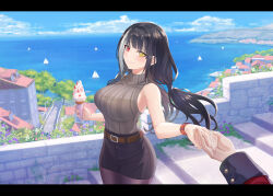 Rule 34 | 1girl, bare shoulders, beach, black hair, black pantyhose, black skirt, breasts, brown sweater, commentary, commission, day, english commentary, food, girls&#039; frontline, heterochromia, highres, holding, holding food, holding hands, holding ice cream, ice cream, large breasts, multicolored hair, out of frame, outdoors, pantyhose, pencil skirt, red eyes, ribbed sweater, ro635 (girls&#039; frontline), samsam s2s, skirt, sleeveless, sleeveless turtleneck, smile, solo focus, streaked hair, sweater, turtleneck, turtleneck sweater, two-tone hair, water, white hair, yellow eyes