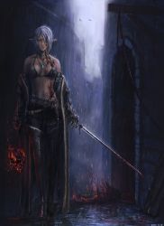 Rule 34 | 1girl, absurdres, auto, belt, black bra, black footwear, black pants, blood, blood on face, bloody weapon, boots, bra, breasts, cleavage, closed mouth, collarbone, dark elf, dark skin, dark-skinned female, earrings, elf, eyepatch, full body, green eyes, highres, holding, holding sword, holding weapon, jewelry, looking at viewer, medium breasts, necklace, original, outdoors, pants, parted lips, pointy ears, prosthesis, prosthetic arm, rain, road, short hair, silver hair, skull, solo, street, sword, thigh boots, thighhighs, underwear, weapon