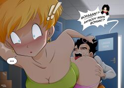 Rule 34 | !, !!, ..., 1girl, absurdres, anilingus, ass, ass grab, bare shoulders, bent over, blonde hair, blue eyes, blush, breasts, cleavage, closed eyes, door, dragon ball, dragonball z, earrings, embarrassed, english text, erasa (dragon ball), grabbing another&#039;s ass, grabbing another&#039;s hair, highres, indoors, jewelry, large breasts, legs, open door, open mouth, panties, panty pull, saiyanslave, short hair, son gohan, speech bubble, strapless, thighs, tube top, underwear, videl