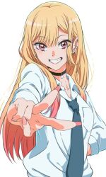 Rule 34 | 1girl, blonde hair, earrings, gyuhii, jewelry, kitagawa marin, long hair, long sleeves, looking at viewer, necktie, pink nails, puffy long sleeves, puffy sleeves, shirt, smile, solo, sono bisque doll wa koi wo suru, upper body, v, white background, white shirt