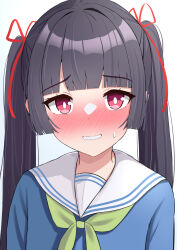 Rule 34 | 1girl, alternate hairstyle, amenocchi, black hair, blue archive, blue shirt, blunt bangs, blunt ends, blush, bright pupils, commentary request, embarrassed, eyelashes, full-face blush, green neckerchief, grin, hair ribbon, highres, long hair, looking at viewer, miyu (blue archive), neckerchief, nose blush, red eyes, red ribbon, ribbon, sailor collar, school uniform, serafuku, shirt, smile, solo, straight hair, sweatdrop, twintails, upper body, very long hair, white pupils, white sailor collar