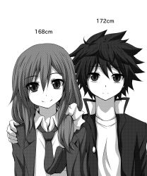 Rule 34 | 1boy, 1girl, closed mouth, collared shirt, expressionless, eyebrows, gakuran, gotoba sora, greyscale, hair between eyes, height chart, height difference, highres, innocent red, long sleeves, looking at viewer, monochrome, necktie, original, ponytail, sanada tatsuki, school uniform, shirt, short hair, simple background, smile, upper body, watarui, white background, wing collar