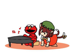 Rule 34 | 1girl, all fours, animal ears, bow, brown hair, cat ears, cat girl, cat tail, chen, dress, ear piercing, earrings, elmo, female focus, instrument, jewelry, jpeg artifacts, multiple tails, music, musical note, nekomata, piano, piercing, playing instrument, playing piano, red dress, ribbon, sesame street, shirt, single earring, sitting, solid circle eyes, tail, tail ornament, tail ribbon, terrajin, touhou