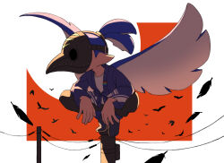 Rule 34 | 1boy, black feathers, black mask, blue hair, commentary request, falling feathers, feathers, inkling, inkling boy, inkling player character, male focus, nintendo, plague doctor mask, pointy ears, red background, short hair, short ponytail, simple background, simple bird, solo, splatoon (series), squatting, tentacle hair, tentacle wings, teo (teorekka), two-tone background, white background